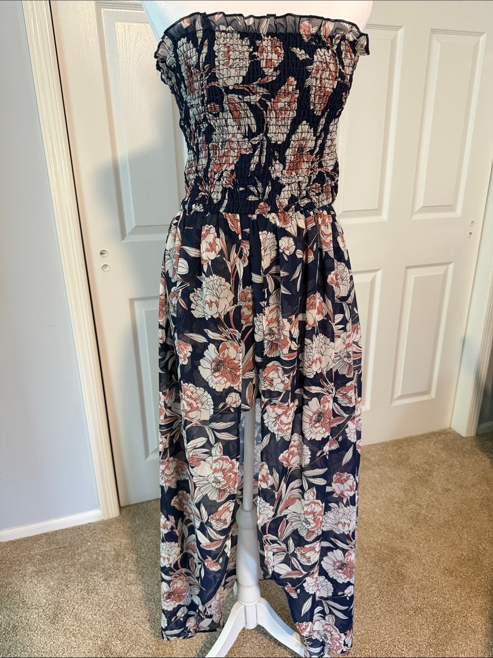 Venus Floral Strapless high-low romper - Navy & Blush - Medium